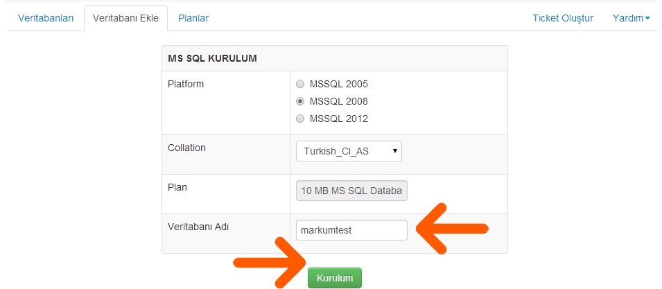 MS SQL veritabanı oluşturma